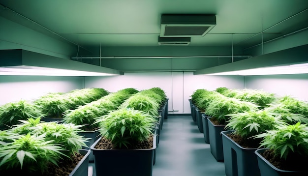 Una sala de cultivo de cannabis bien mantenida con iluminación y control de temperatura óptimos