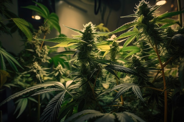 Sala de cultivo de plantas con cierre de hojas y cogollos de cannabis creados con IA generativa