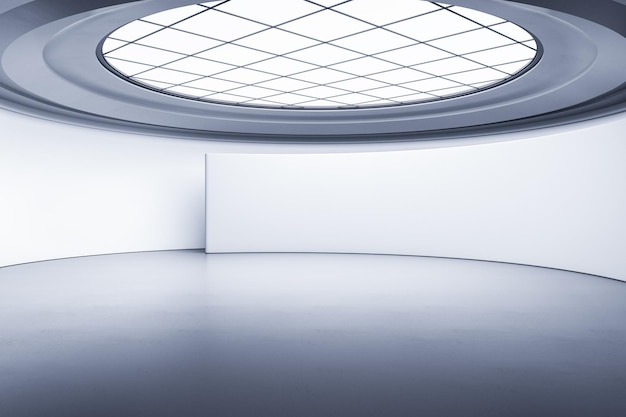 Sala de apresentação redonda de design futurista vazio e espaçoso com piso de concreto de teto transparente quadrado e maquete de renderização 3D de parede clara