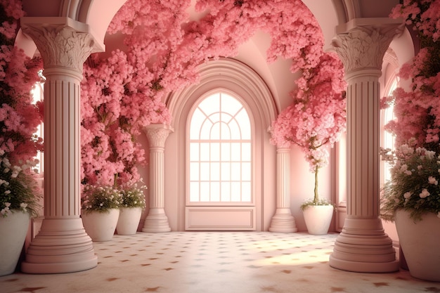 Sala de arco com flores cor de rosa nele