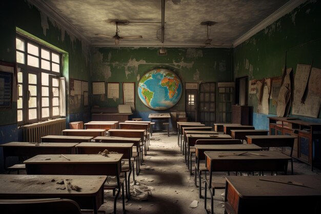 Sala de aula abandonada com um mapa vintage do mundo.