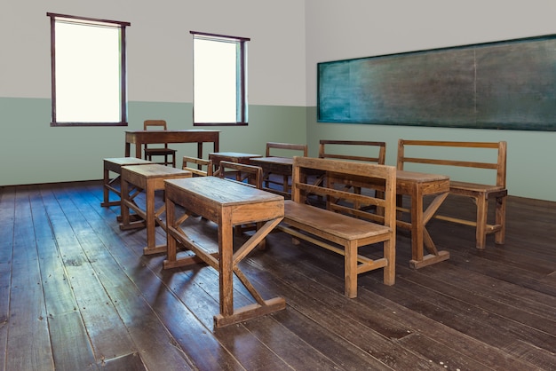 Foto sala de aula antiga na escola com fileiras de mesas de madeira vazias