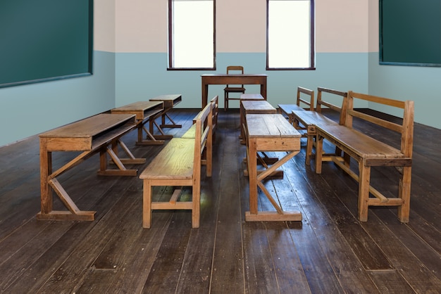 Foto sala de aula antiga na escola com fileiras de mesas de madeira vazias