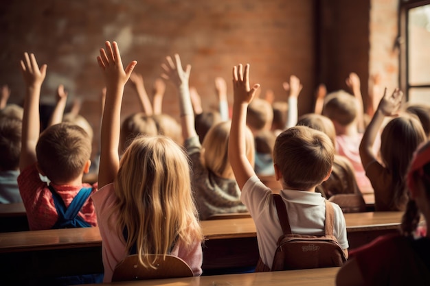 Sala de aula colorida cheia de alunos levantando as mãos para responder na sala de aula Back To School conceito Ai gerado