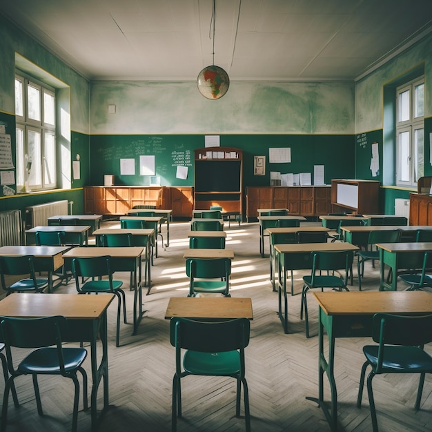 Foto sala de aula com mesas escolares e quadro verde