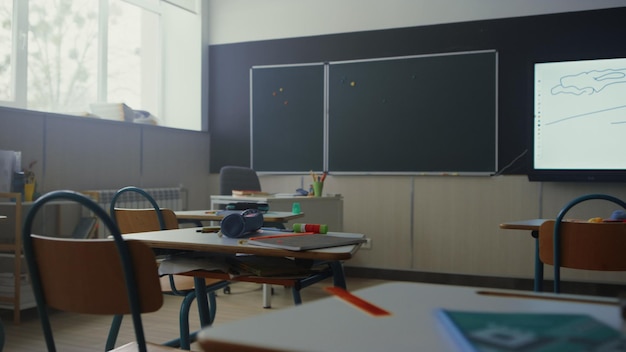 Foto sala de aula com quadro escolar mesas e cadeiras com materiais