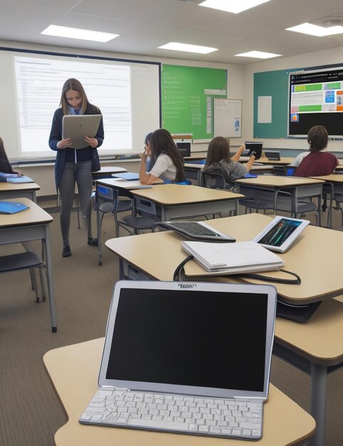 Foto sala de aula com tablets ou laptops mostrando a integração da tecnologia na educação