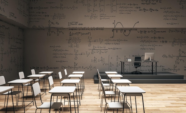 Sala de aula contemporânea com fórmulas matemáticas