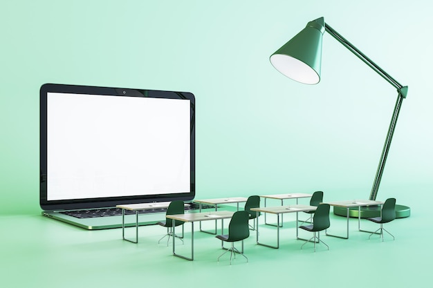 Sala de aula criativa com quadro de laptop branco vazio sobre fundo verde com lâmpada Educação on-line e conceito de webinar Renderização em 3D