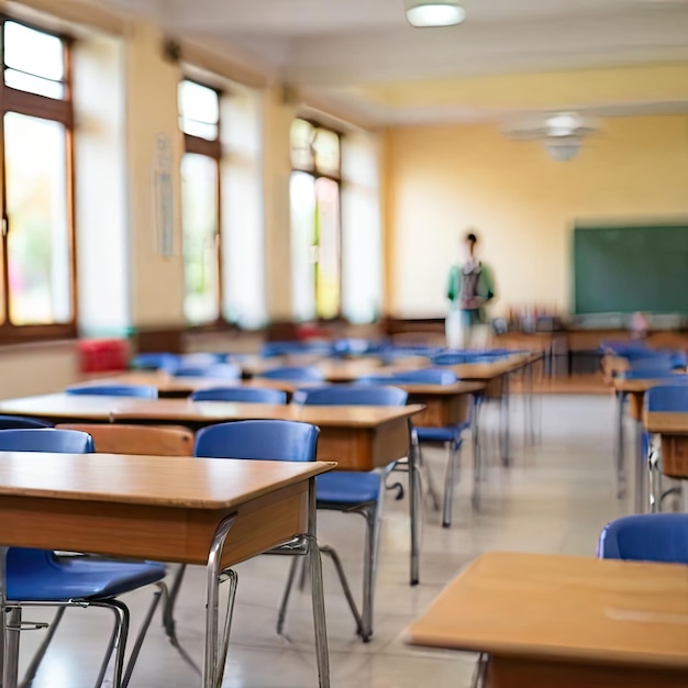 Sala de aula da escola em fundo desfocado sem jovem aluno Visão desfocada da aula de tradição elementar