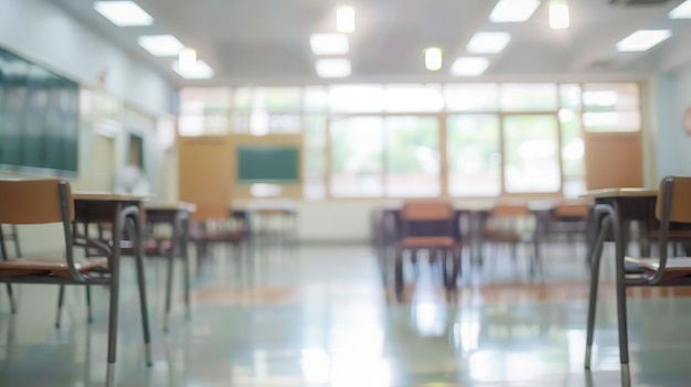 Sala de aula da escola em fundo desfocado sem jovem aluno Vista desfocada da sala de aula primária sem criança ou professor com cadeiras e mesas no campus