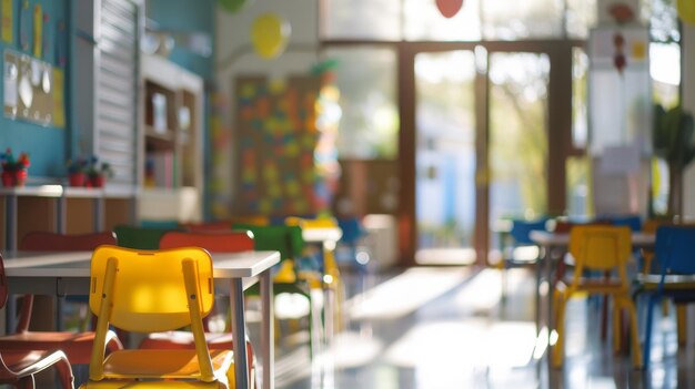 Foto sala de aula de escola em fundo desfocado sem jovem aluno