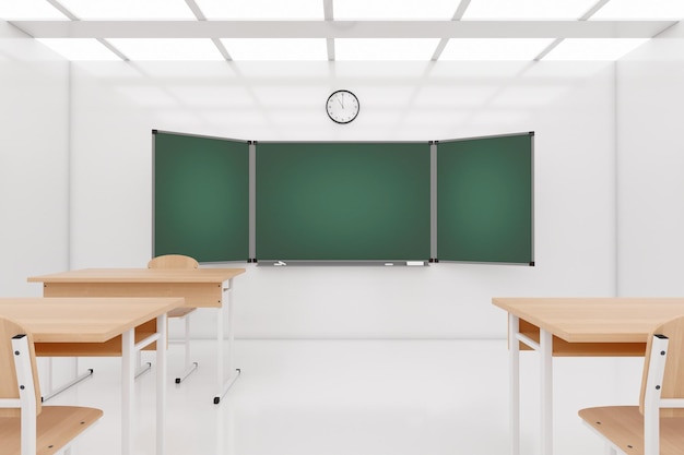 Sala de aula de escola moderna vazia com cadeiras, mesas e lousa 3d renderização