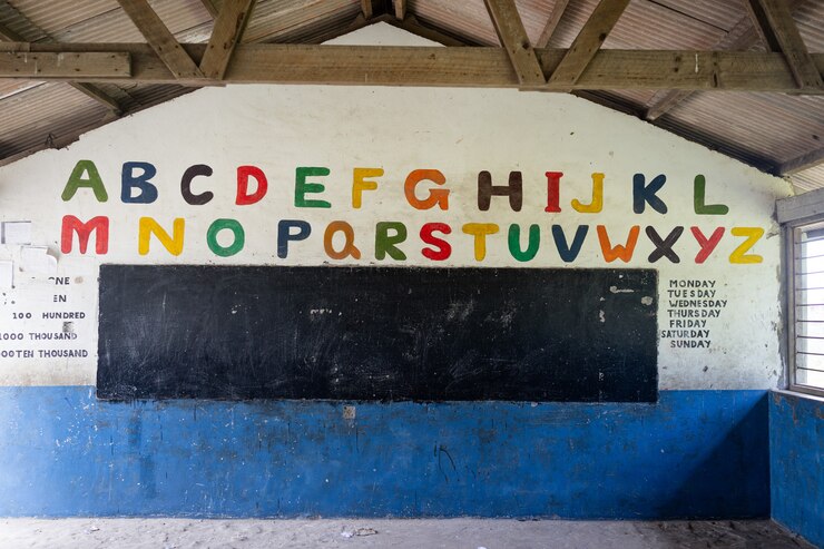 Foto sala de aula de escola pobre decorada na áfrica, sem crianças