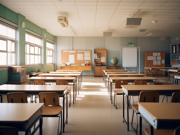 Sala de aula de madeira leve com móveis de bom gosto Geração de IA