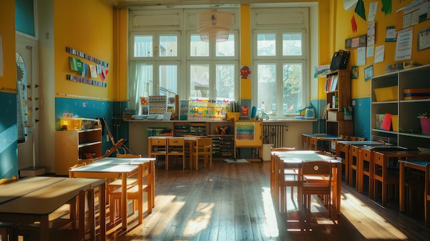 sala de aula de uma creche sem crianças e professor