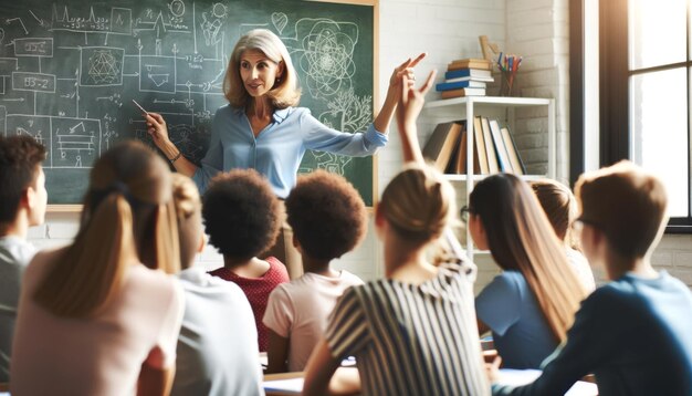 Foto sala de aula envolvida com o professor explicando a lição