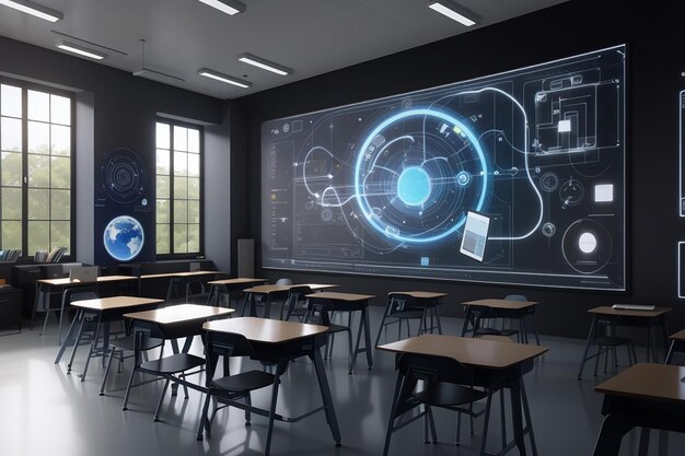 Sala de aula escolar futurista com realidade aumentada projetada em um quadro eletrônico