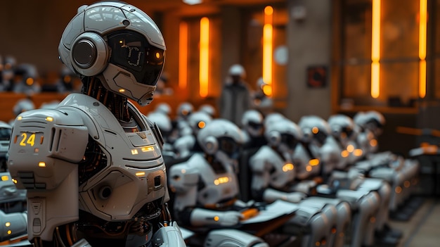 Sala de aula futurista de robôs e soldados robóticos