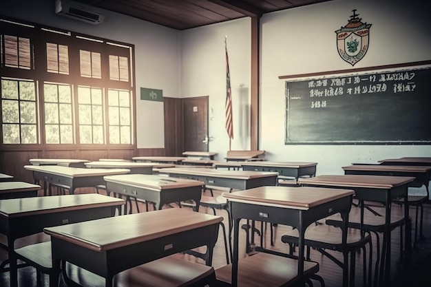 Sala de aula ou sala de aula vazia da escola com mesas e cadeira de madeira de ferro para estudar aulas no ensino médio tailândia interior do ensino médio com conceito educacional de tom vintage de quadro branco