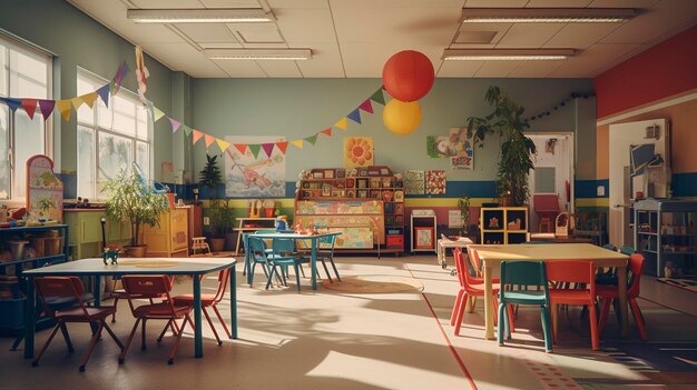 Sala de aula pré-escolar ensolarada com móveis coloridos, brinquedos educativos e um canto de leitura aconchegante