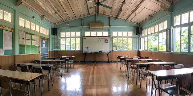 Sala de aula tradicional da escola secundária tailandesa com mesas cadeiras quadro branco e elementos de madeira e ferro conceito de configuração da sala de aula da escola secundaria tailandesa mesas e cadeiras quadro branca elementos tradicionais