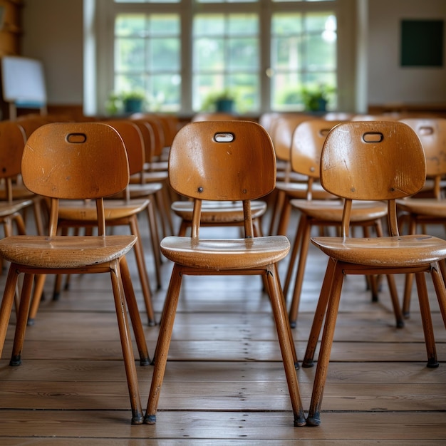 Foto sala de aula universitária vazia e desfocada sala de aula escolar desfocada sem alunos com cadeiras e mesas vazias