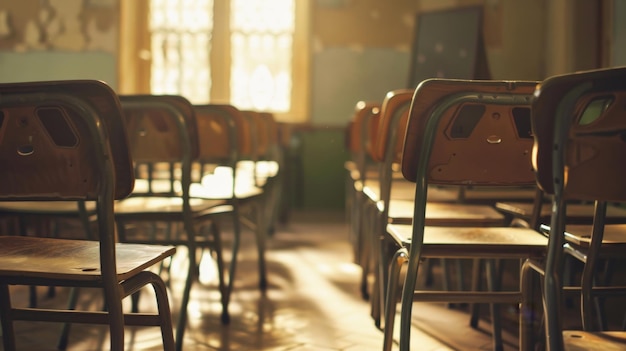 Sala de aula vazia com cadeiras de madeira vintage conceito de retorno à escola