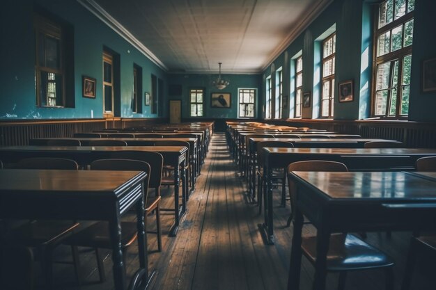 Sala de aula vazia com cadeiras, mesas e quadro.