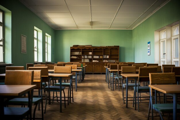 Sala de aula vazia com cadeiras, mesas e quadro.