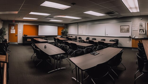 Sala de aula vazia com cadeiras modernas e mesas de madeira para aprendizagem gerada por ia