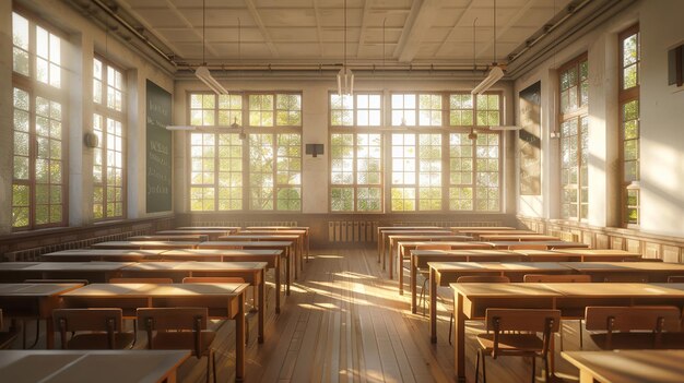 Sala de aula vazia com fileiras limpas de mesas de madeira e uma parede de janelas