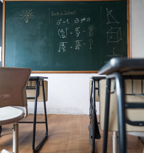 Sala de aula vazia com mesas de escola primária de cadeiras e quadro-negro