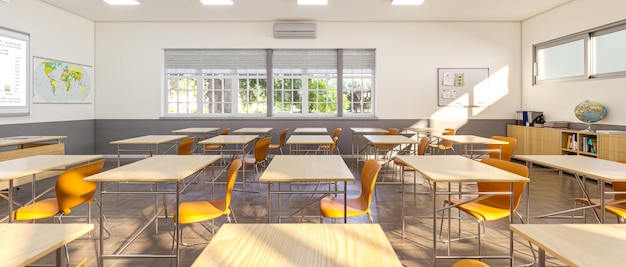 Sala de aula vazia com mesas de madeira mapas do mundo e janelas ensolaradas