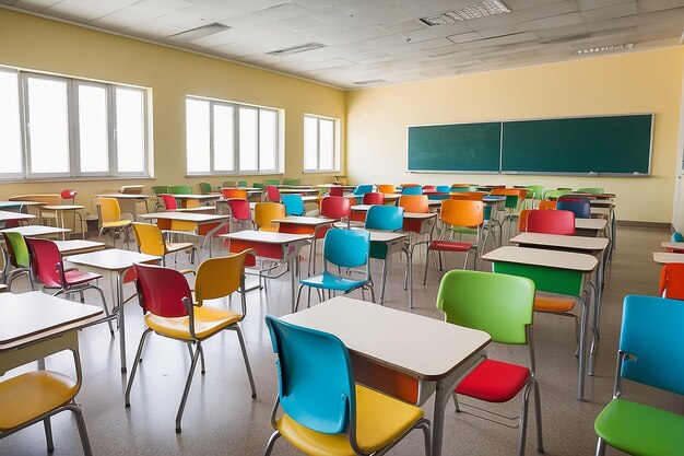 Sala de aula vazia com muitas poltronas vazias coloridas