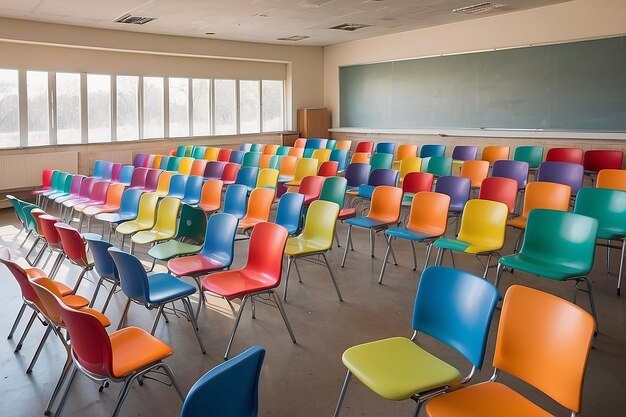 Sala de aula vazia com muitas poltronas vazias coloridas