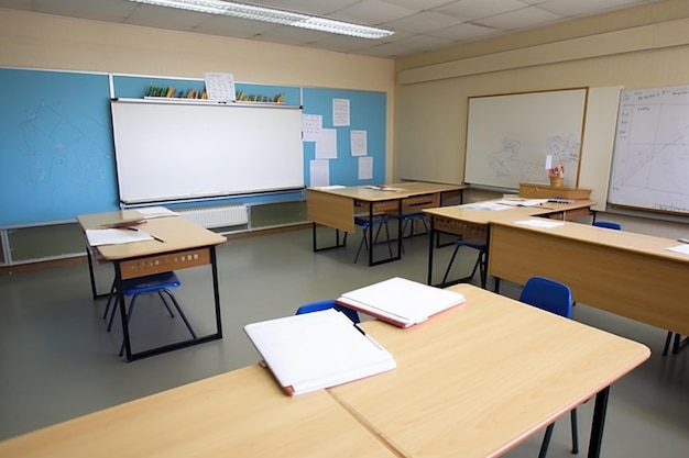 Sala de aula vazia com quadro branco e marcadores prontos para aulas criadas com IA generativa