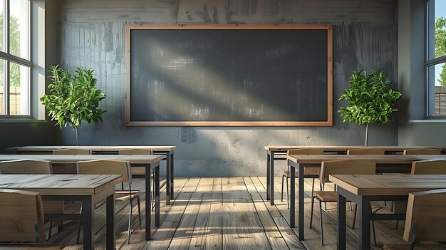 Sala de aula vazia com sombras de luz solar em mesas e um quadro