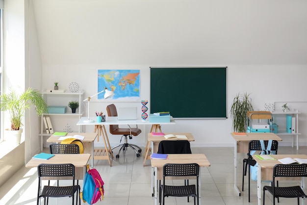 sala de aula vazia de uma escola sem aluno e professor