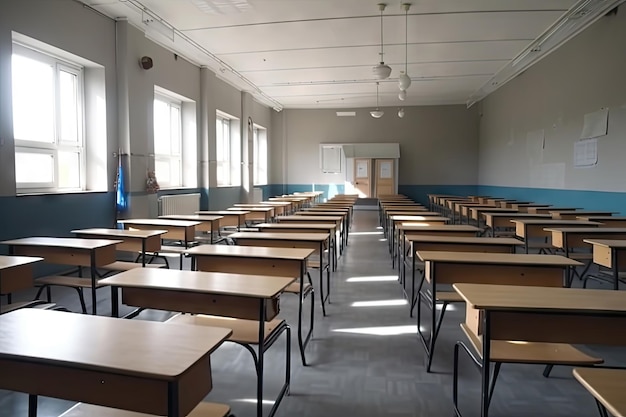 Sala de aula vazia Sala de aula turva sem alunos com cadeiras e mesas vazias