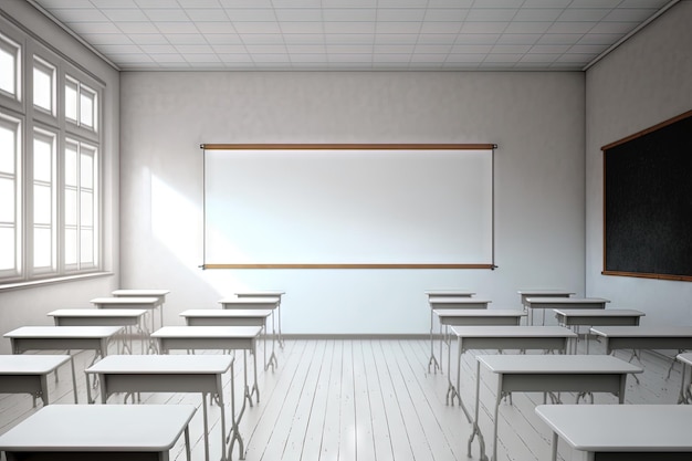 Sala de aula vazia sem alunos com mesas, cadeiras e quadro branco durante a pandemia