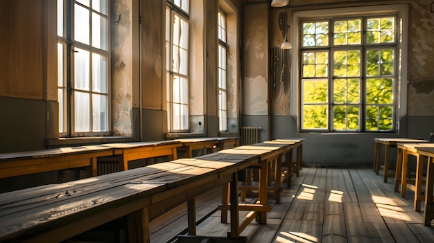 Sala de aula vintage iluminada pelo sol com mesas de madeira ambiente de aprendizagem pacífico ambiente educacional luz matinal IA