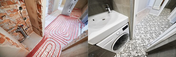 Foto sala de banheiro com piso aquecido antes e depois da renovação