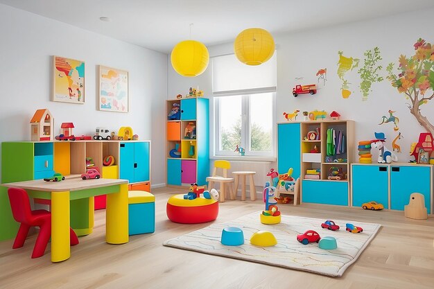 Sala de brincadeiras com brinquedos e móveis