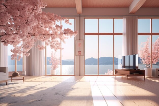 Sala de casa com vista para uma cerejeira no Japão