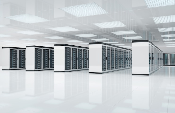 Foto sala de centro de servidores brancos com computadores e sistemas de armazenamento