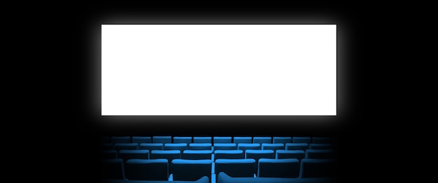 Foto sala de cinema com poltronas de veludo azul e tela branca e vazia