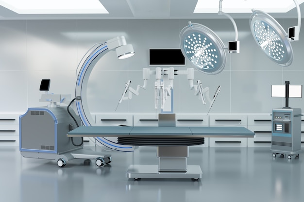 Sala de cirurgia limpa, robô com braço C e equipamento médico, renderização de ilustração 3D