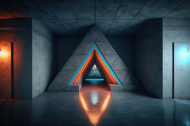 Sala de concreto com portal triangular iluminado por luz neon azul e laranja criada usando IA generativa