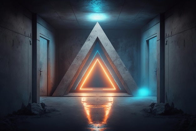 Sala de concreto com portal triangular iluminado por luz neon azul e laranja criada usando IA generativa